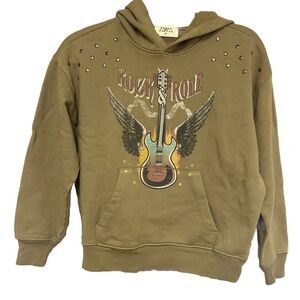 Urban Nation Tan Vintage-Inspired Hoodie With Studded Sleeves Rock Guitar YM-WXS